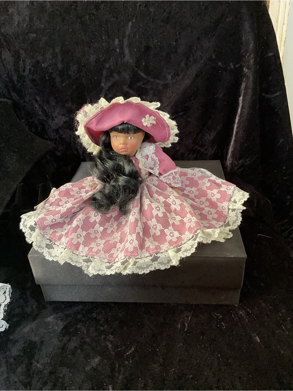 Victorian-Style Porcelain Doll in Dusty Rose Lace Dress - Picture 5 of 8